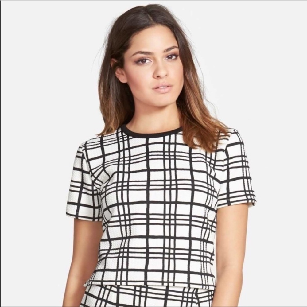 Leith Nordstrom Quilted Zip Crop Top Grid Black & White